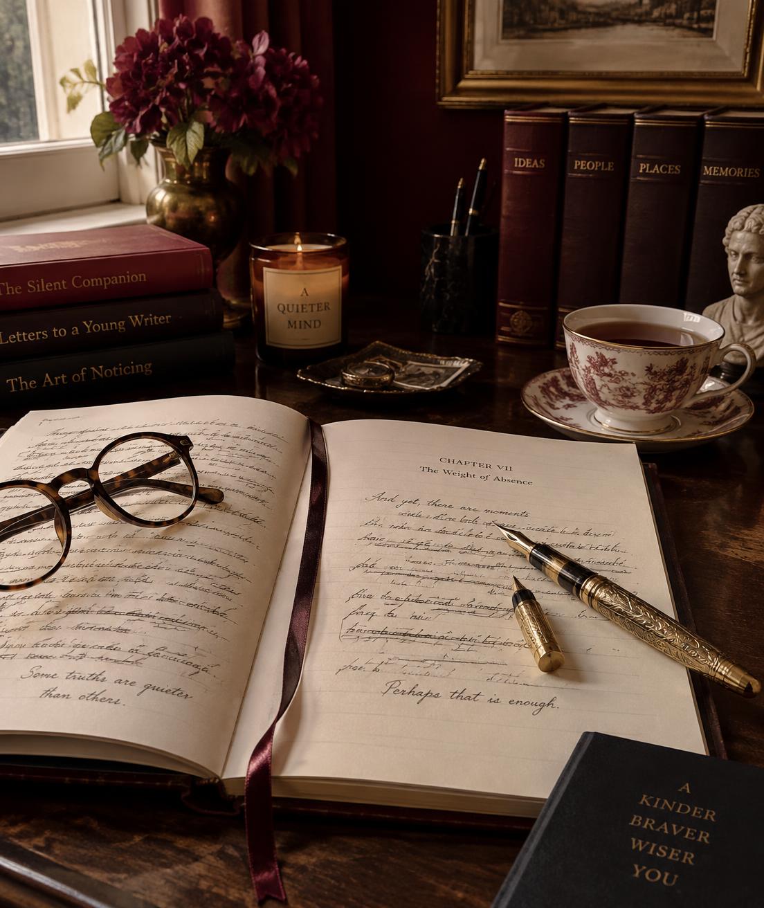 An open manuscript with a gold fountain pen on a warm writing desk